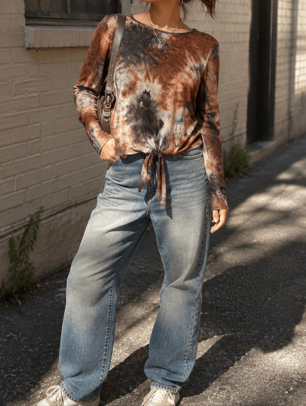 NWT Kismet Brown Tie Dye Stretch Front Tie Long Sleeve Boho Fall Y2K Top